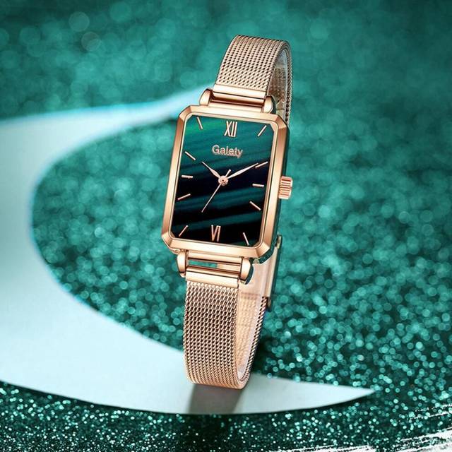 (green) Brand Women Watches Fashion Square Ladies Quartz Watch Bracelet Set Green Dial Simple Rose Gold Mesh Luxury Women Watches