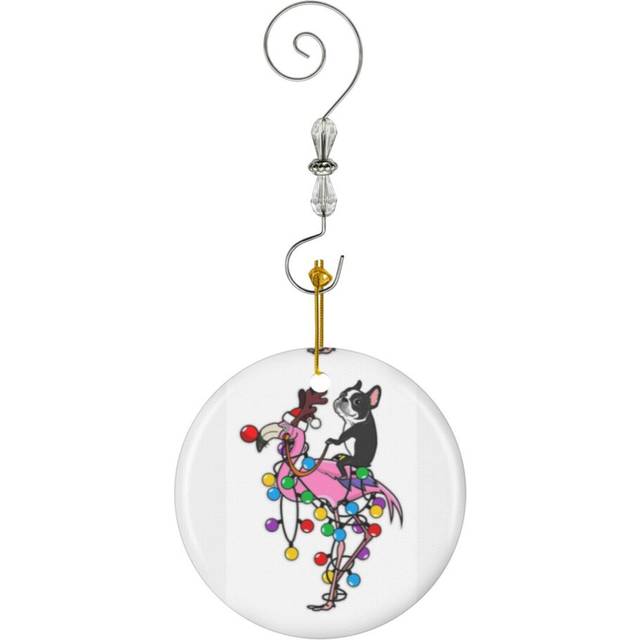 (Boston Terrier Christmas Riding Flamingo-5452) Christmas Ornaments Ceramic Charm with Hook Crystal Handmade Xmas Tree Decorations KeepsakeÂStocking