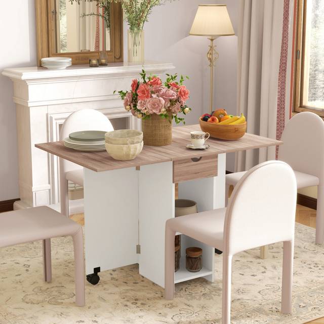 HOMCOM Foldable Dining Table, Drop Leaf Table with Storage for Kitchen, Oak