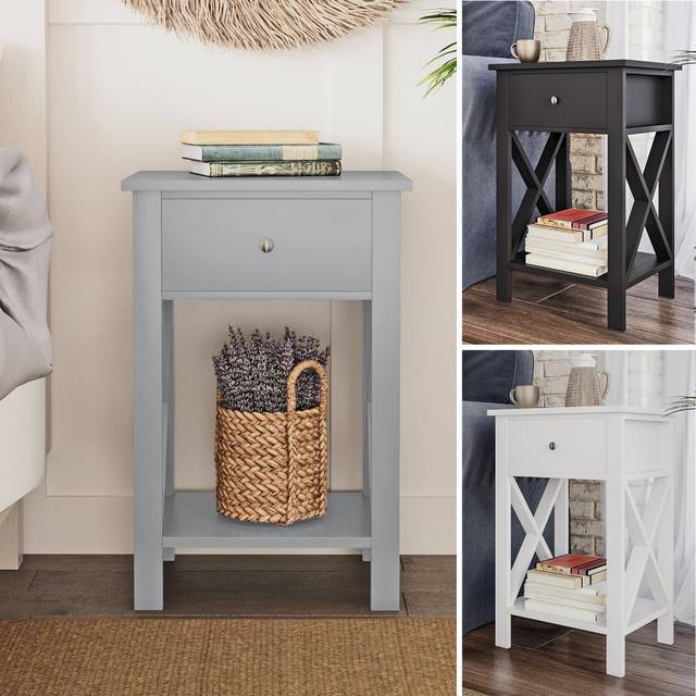 (1x Black) Wooden 1-Drawer Bedside Sofa Side End Table X-Frame Nightstand with Storage Shelf