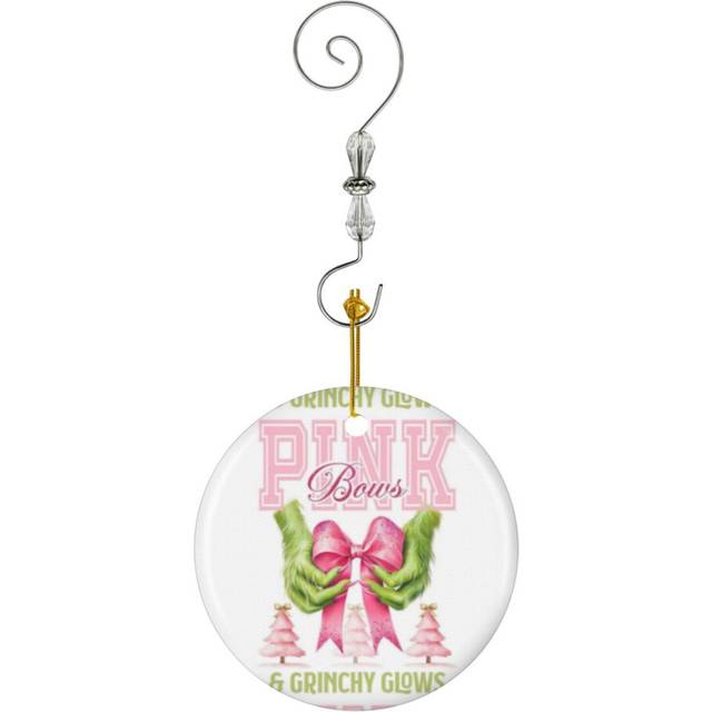 (Pink Preppy Bow In The Green Grinch Hands_3136) Christmas Ornaments Ceramic with Crystal Hook Xmas Handmade Tree Decorations KeepsakeÂGifts Stocking