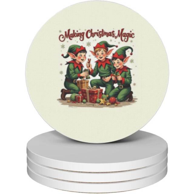 (Santas Workshop=2180) Ceramic Coasters Set of 4 Xmas for Drink Wine Beer Bar with Cork Base Housewarming Birthday Christmas Gift