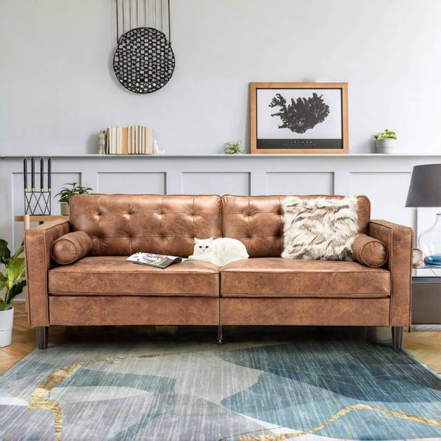 (Brown) YODOLLA 214cm 3 Seater Sofa Sleeper Sofa Loveseat