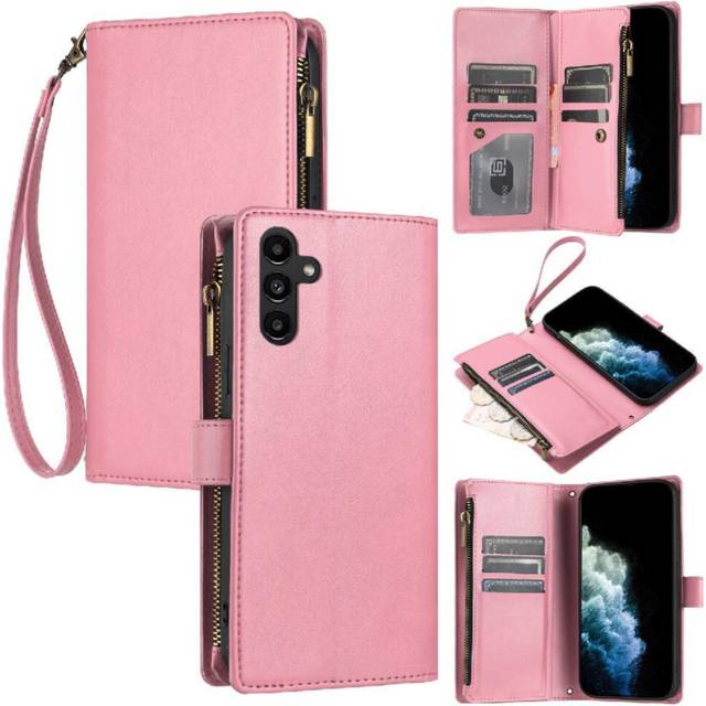 (Pink) Long Strap Case for Samsung Galaxy A15 4g/5g 8 Card Slots Holder Flip Folio Protecive Shockproof Wallet Kickstand Zipper