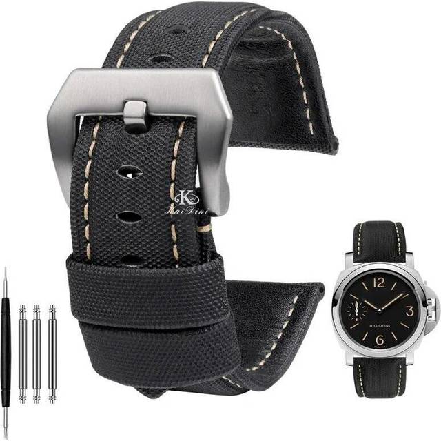 (Black white silver  22mm) 22mm 24mm 26mm Nylon Texture Leather Watchband For Panerai Pam01661 441 Marina Watch Strap Black Blue Line Watch Accessorie