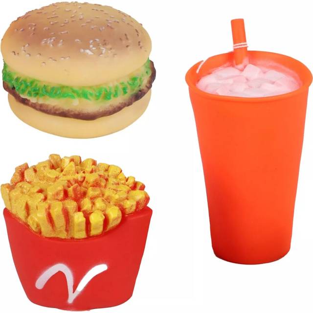 (3 x Fast Food) Dog Toys Chew Ball Novelty Toy Squeakers Pet Puppy Teething Training Play Bundle