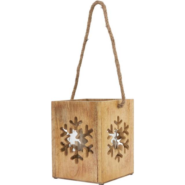 Natural Wooden Large Snowflake Tealight Candle Holder - Glass - L16 x W16 x H19 cm - Brown