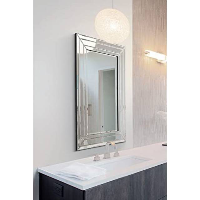 MirrorOutlet Langley All Glass Modern Bevelled Mirror 90 X 60 Cm, Silver