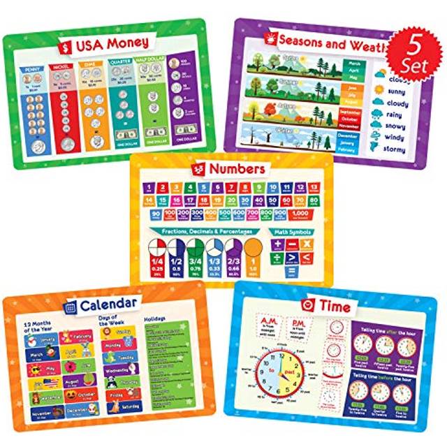 Simply Magic 5 Placemats for Kids - Kids Placemats Non Slip  Washable Reusable Toddler Placemats  Educational Placemats: Money  Numbers  Weather and S