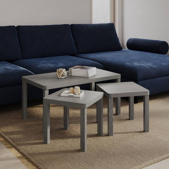(Cedar Grey) Set of 3 Wooden Nesting Stacking Coffee Side Centre Tables Living Room Furniture