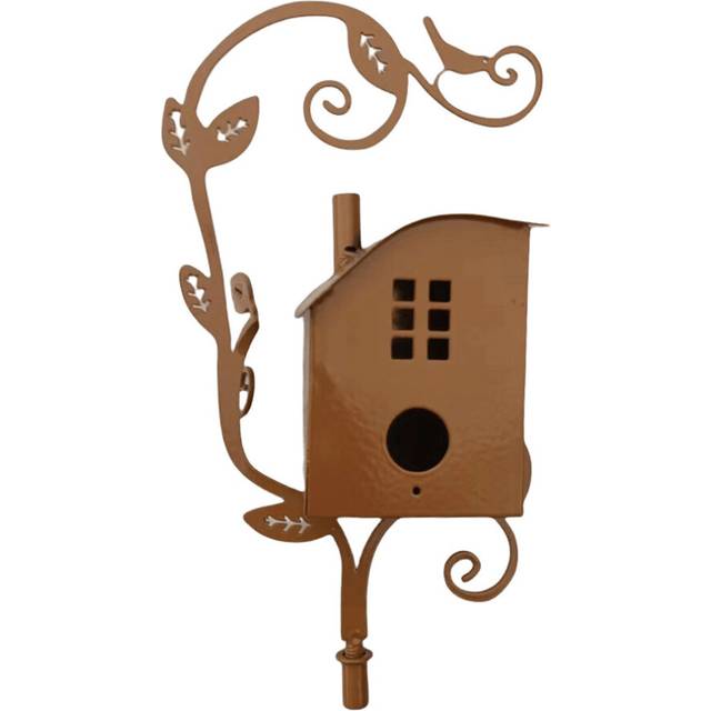 (D) Birdhouse Garden Stakes Metal Bird House with Pole Iron Art Courtyard Bird Feeder Bird Houses