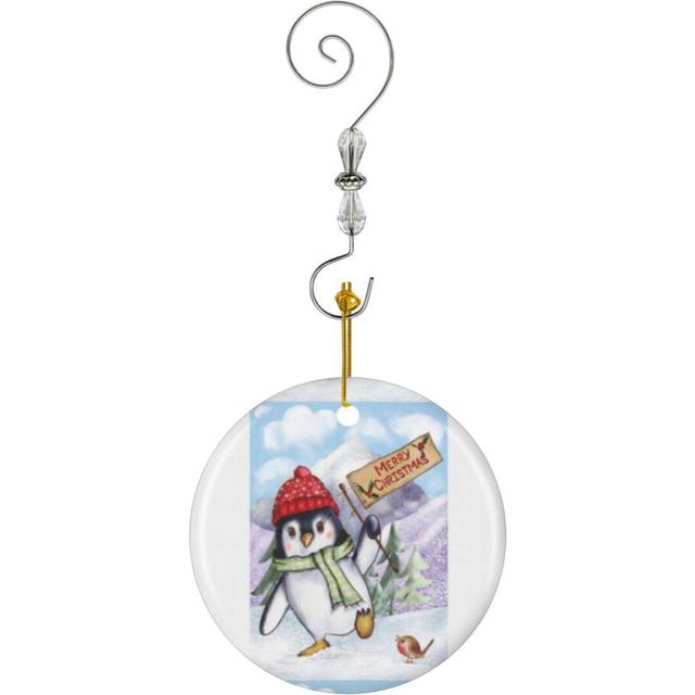 (Whimsical Penguin Holding A Merry Christmas Sign_6421) Christmas Ornaments Ceramic with Crystal Hook Xmas Handmade Tree Decorations KeepsakeÂGifts S
