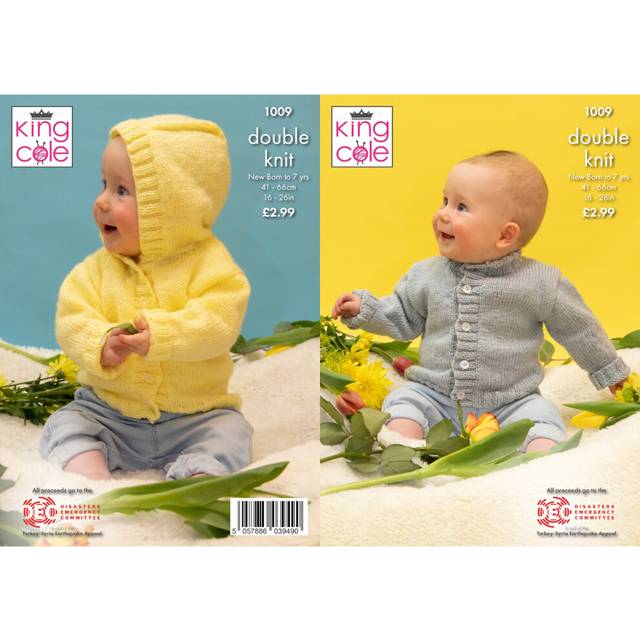King Cole Baby DK 1009 Charity Knitting Pattern Hooded or Round Neck Cardigan