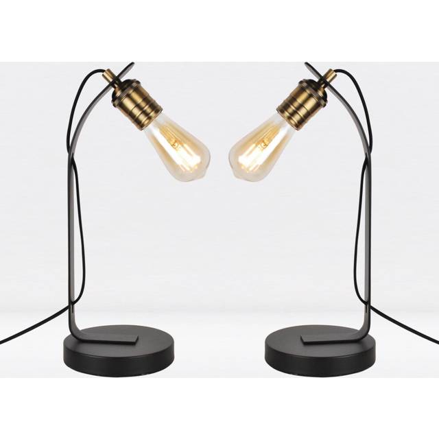 Set of 2 Matt Black with Antique Brass Detail Desk Lamps