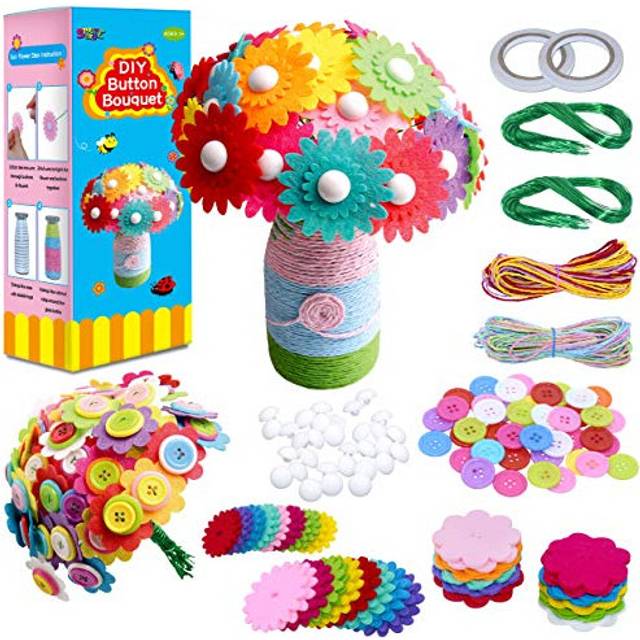 Flower Craft Kit for Kids,Make Your Own Flower Bouquet with Buttons,DIY Activity Gift for Boys & Girls Age 4 5 6 7 8 9 10 Year Old(2 Bouquets and 1