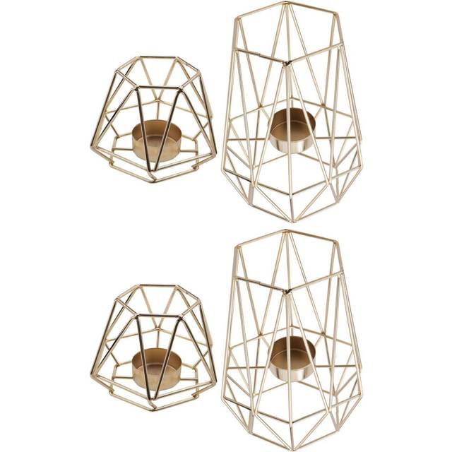 Set of 4 Gold Geometric Metal Tealight Candle Holders for Living Room & Bathroom Decorations - Centerpieces