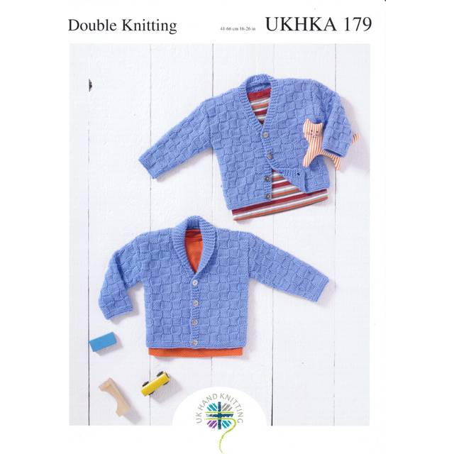 UKHKA 179 DK Knitting Pattern Baby V Neck Shawl Collar Cardigan
