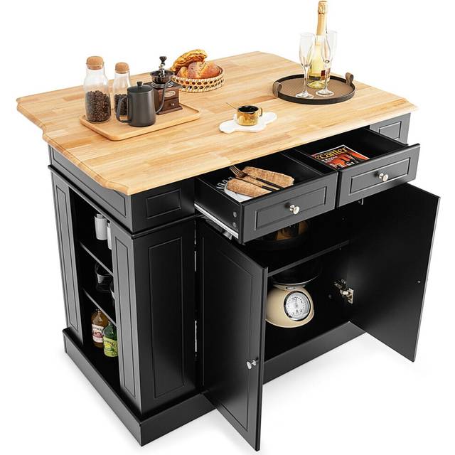 Kitchen Island Storage Cupboard W/Drop Leaf Countertop Side Racks 2-Door Cabinet