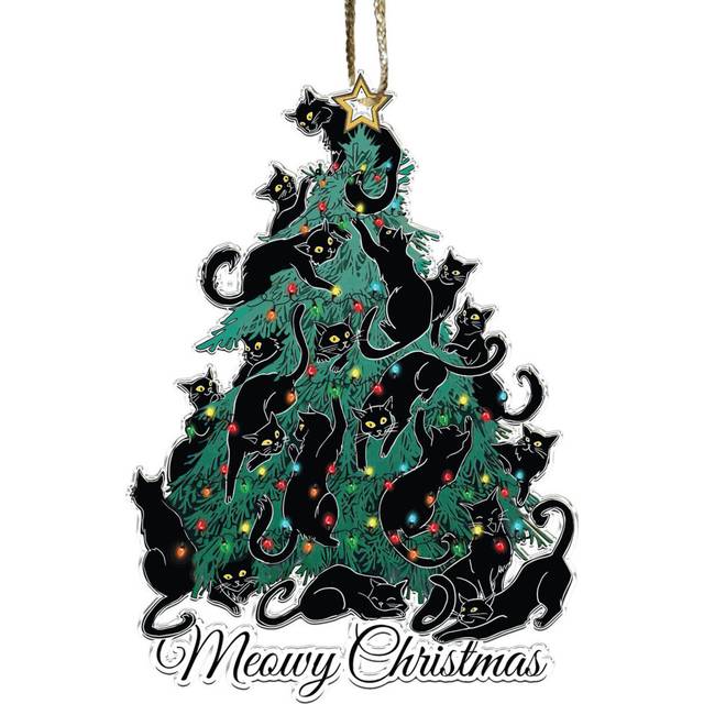 (Style 1) Creative Personalized Black Cat Christmas Acrylic Flat Christmas Tree Ornament - 4 Pack