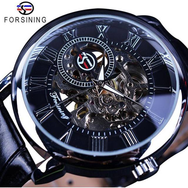 (black,silver) Forsining 3D Logo Design Hollow Engraving Black Gold Case Leather Skeleton Mechanical Watches Men Luxury Brand Heren Horloge
