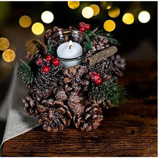 Christmas Candle Holder Decoration Tea Light Glass Votive Pinecones Xmas Home