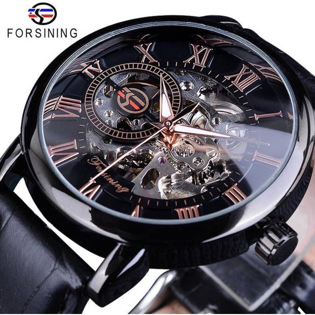 (black) Forsining 3D Logo Design Hollow Engraving Black Gold Case Leather Skeleton Mechanical Watches Men Luxury Brand Heren Horloge