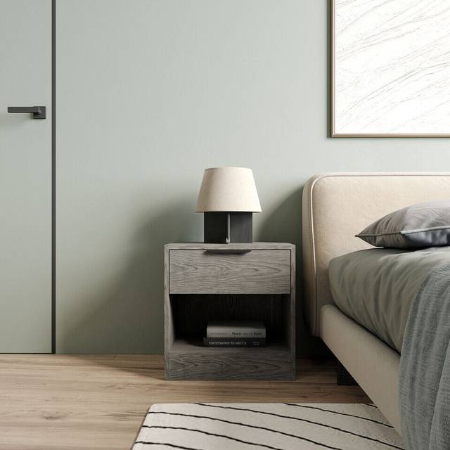 (Cedar Grey, 1) 1-Drawer Bedside Table Cabinet Nightstand Storage Shelf Unit