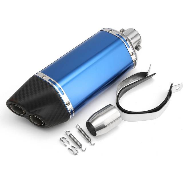 (Blue) 38-51mm Double Air Outlet Exhaust Muffler Pipe Motorcycle Carbon Stainless Steel