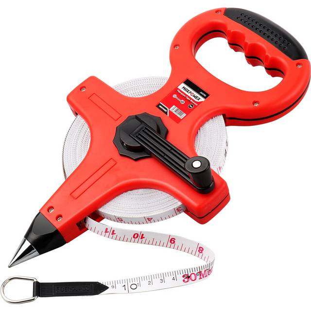 Open Reel Tape Measure, MAXOWER Fibreglass Surveyors Meter Tape Measure Ruler Tape, 30M / 100 FT - Dual Scale (Inch & Metric) - for Runway and