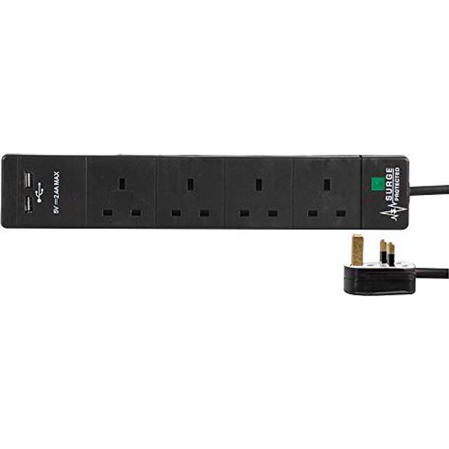 PEL00102 4 Way 2 USB Surge Protected Extension Lead, 3 m, Black