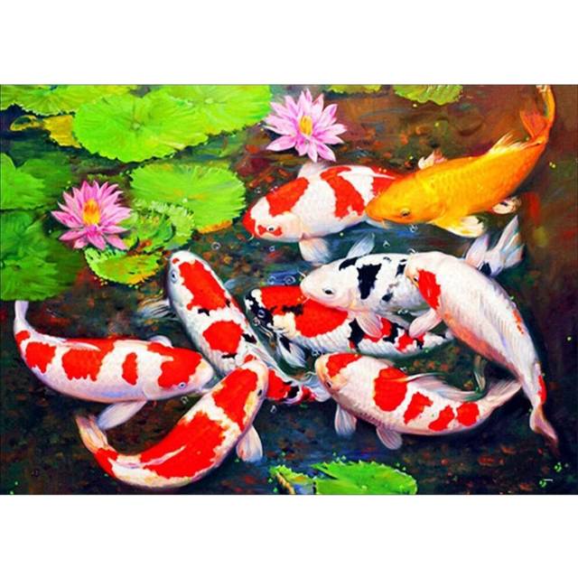 DIY By Number Kits, Painting Fish Pond Lotus Paint with Diamonds Arts Full Drill Canvas Pictures
