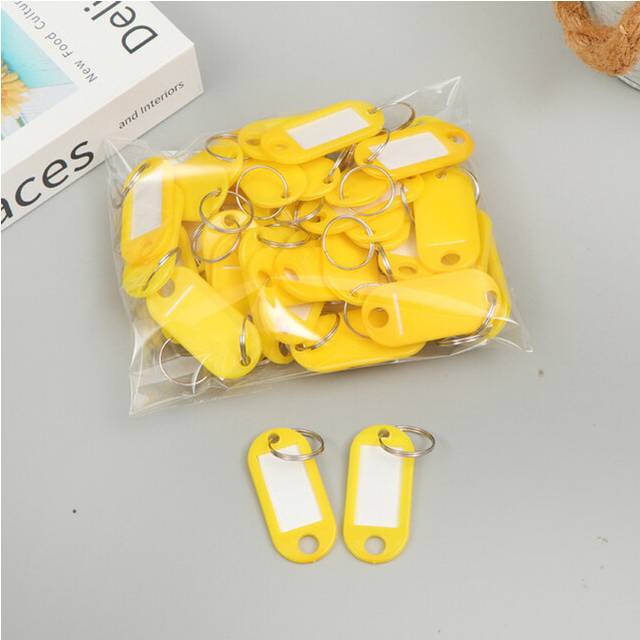 (Yellow) 50pcs Keychain Colorful Plastic Key Tags Label Numbered Name Baggage Tag