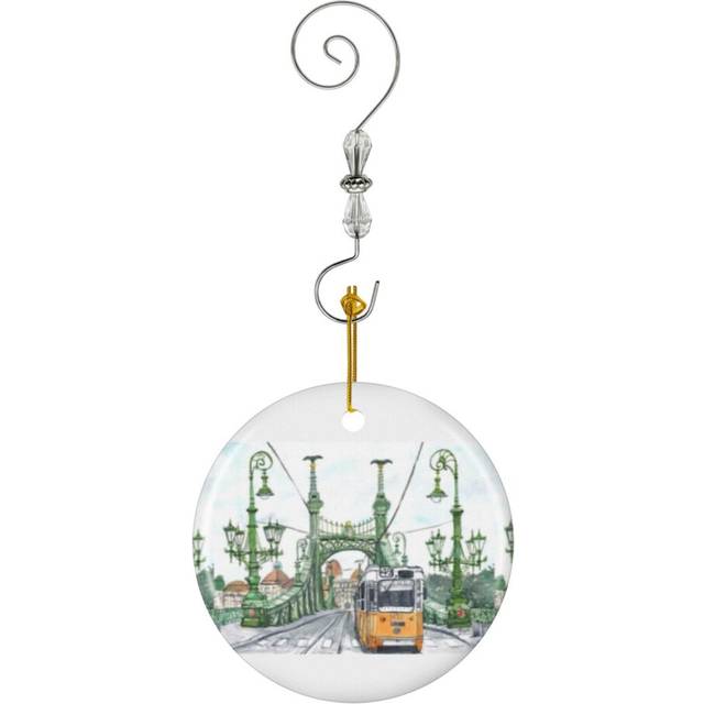 (Budapest Hungary Liberty Bridge Watercolor Painting-7477) Christmas Ornaments Ceramic Charm with Hook Crystal Handmade Xmas Tree Decorations Keepsake