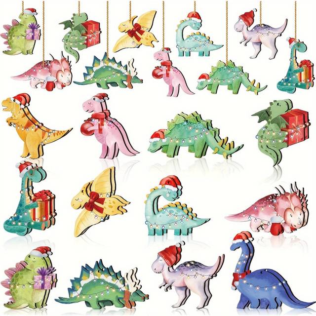 (Wood) 24-Pack Wooden Dinosaur Christmas Ornaments - Assorted Hanging Decorations