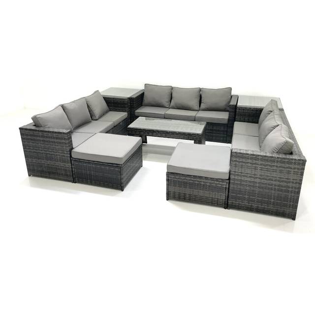 Outdoor Garden Furniture Set 8 Pieces Rattan Sofa Set with Coffee Table 2 Big Footstools Side Table Dark Grey Mixed - Fimous