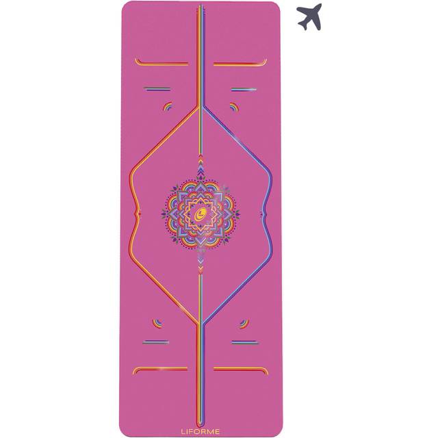 Liforme Rainbow Travel Yoga Mat - Grateful Pink - Free Yoga Bag - Non-Slip, Eco Friendly With Patented Alignment Line System