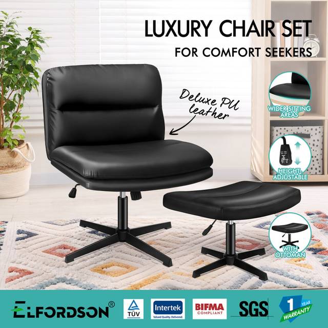 Elfordson office chair computer cross-legged seat work ottoman pu leather black