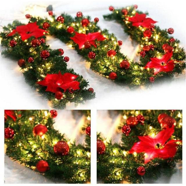 (Red) LED Lights Up Christmas Garland  Xmas Wreath Fireplace Door Decor