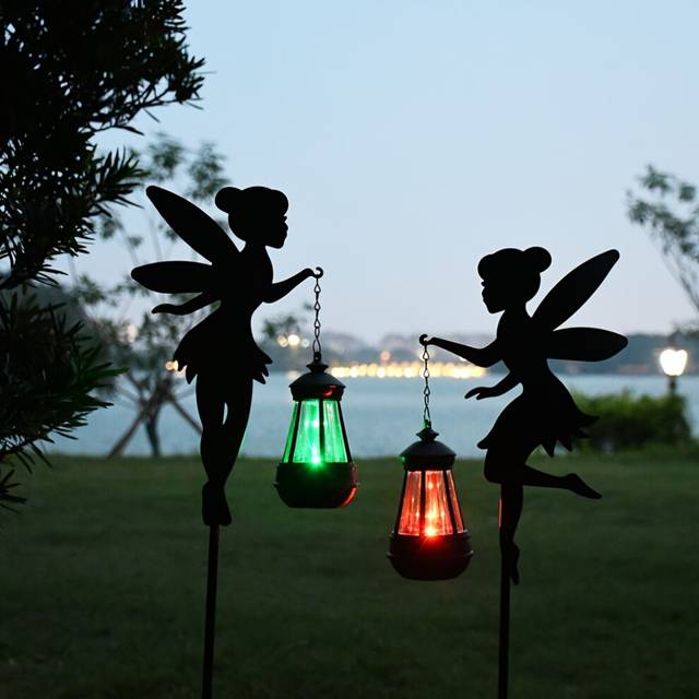 (Metal) 2pcs Solar Fairy Garden Stakes, Metal Silhouette Path Lights with Colorful LED Lanterns, Solar Powered Waterproof IPX4 Lawn Lamps, Push Button