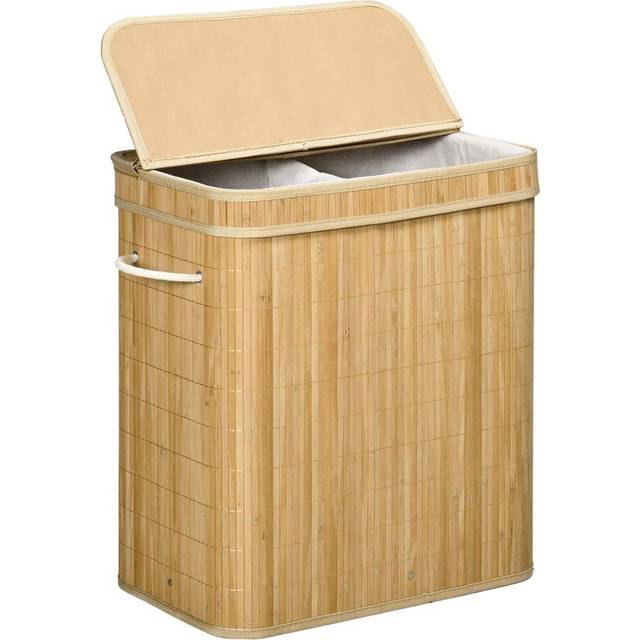 Tvättkorg i bambu med lock och handtag, 90 liters kapacitet med 2 sektioner och en avtagbar tygpåse - 54,2 x 35,2 x 59,5 cm