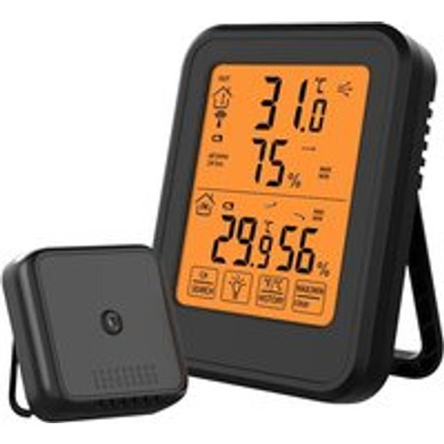 Cyslmuk - Digital Hygrometer Thermometer, Indoor Outdoor Hygrometer Thermometer with Wireless Outdoor Sensor, Black