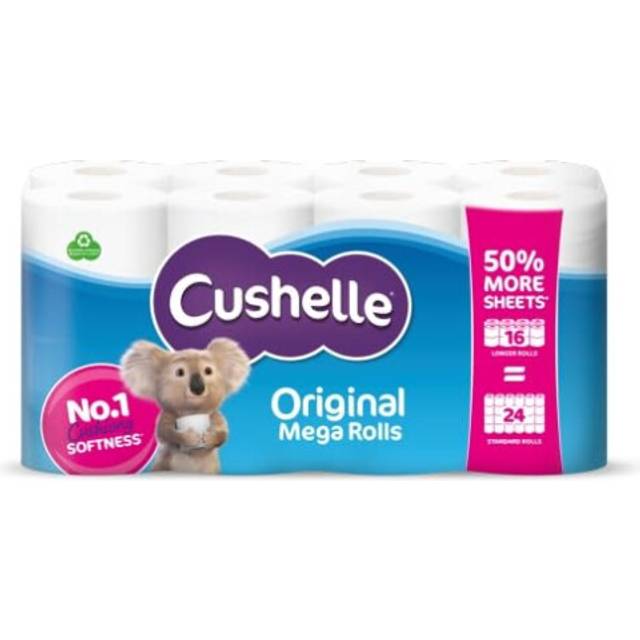 Cushelle Original Toilet Roll, 16 Longer Lasting Rolls, 16 Equals 24 Regular Rolls, White Bulk Toilet Paper
