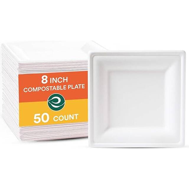 ECO SOUL Pearl White 8 Inch Square 50 Pack Paper Plates 100% Compostable