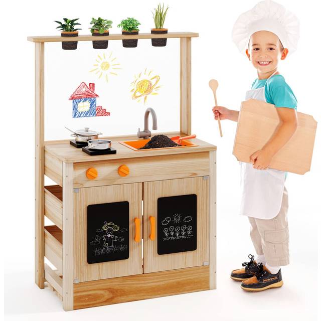 Mud Kitchen for Kids Fir Wood Play Kitchen With Planting Pots & Stovetops