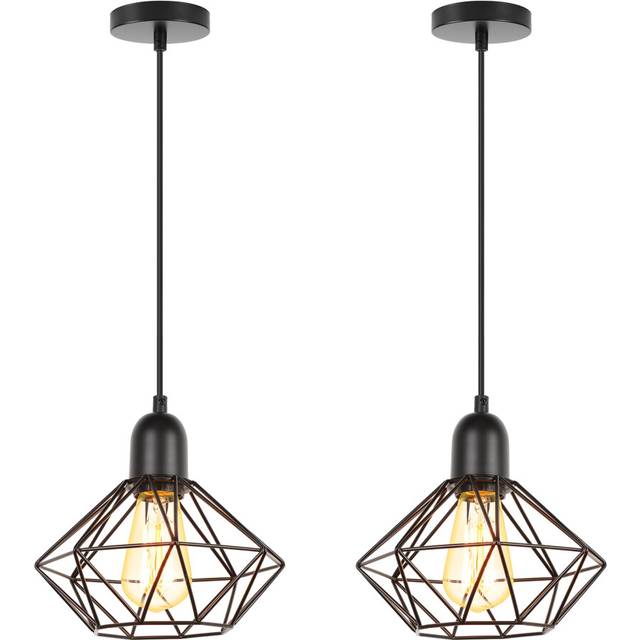 (2X) Vintage Pendant Light Retro Ceiling Lamp E27 Metal Lampshade Ã20CM Indoor Pendant Light for Living Room Kitchen Bedroom (Black)