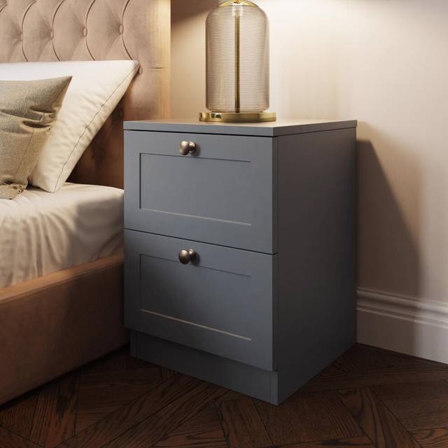 Fwstyle 2 Drawer Bedside Chest Table Pannelled Design Dark Grey, Grey