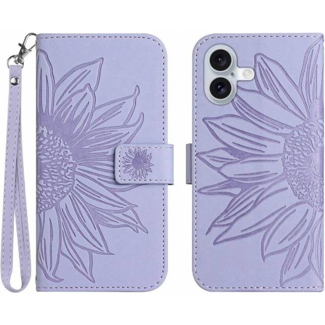 (Light Violet) Case for iphone 16 Plus Short Strap with Card Slots Holder Flip Wallet Phone Case Embossed Sunflower Luxury Pu Leather