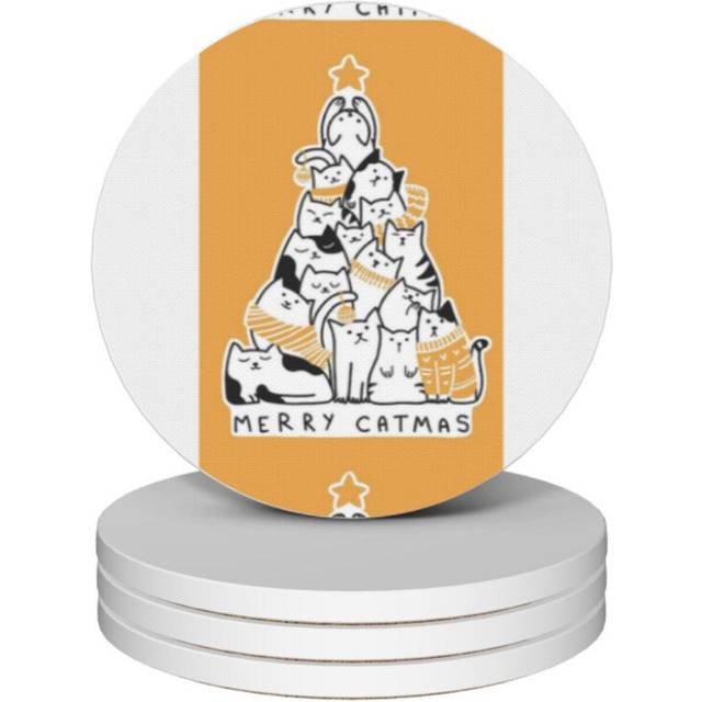 (Merry Catmas 0.4=8349) Ceramic Coasters Set of 4 Xmas for Drink Wine Beer Bar with Cork Base Housewarming Birthday Christmas Gift