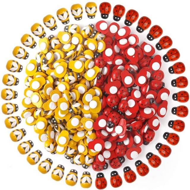 200Pcs Wooden Bees Ladybugs, Wooden Bumble Bees & Ladybugs for Crafts Scrapbooking DIY Party Decoration