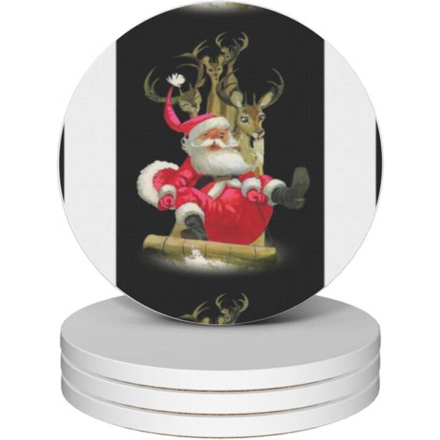 (Father Christmas On Runaway Sledge=9456) Ceramic Coasters Set of 4 Xmas for Drink Wine Beer Bar with Cork Base Housewarming Birthday Christmas Gift